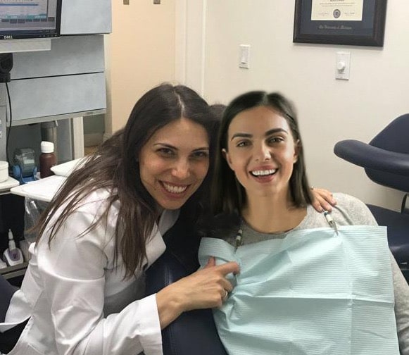 A smiling patient sitting in a dental chair next to her dentist while wearing a dental bib, representing Invisalign fast track treatment and results – invisalign fast track
