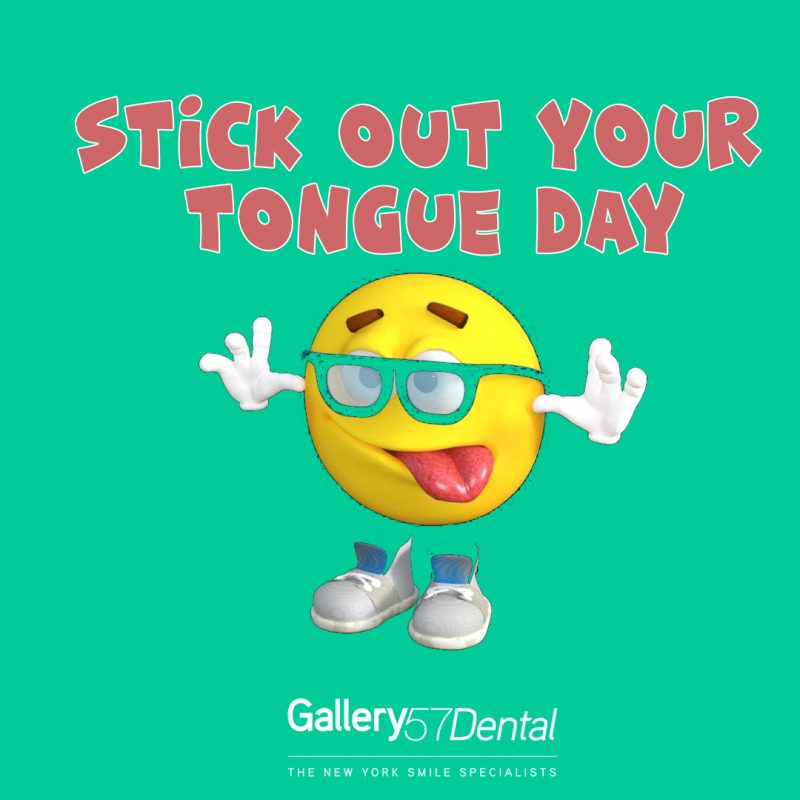 A playful emoji with glasses sticking out its tongue under the text “Stick Out Your Tongue Day,” promoting awareness of oral health issues like sores in the tongue sides – sores in the tongue sides